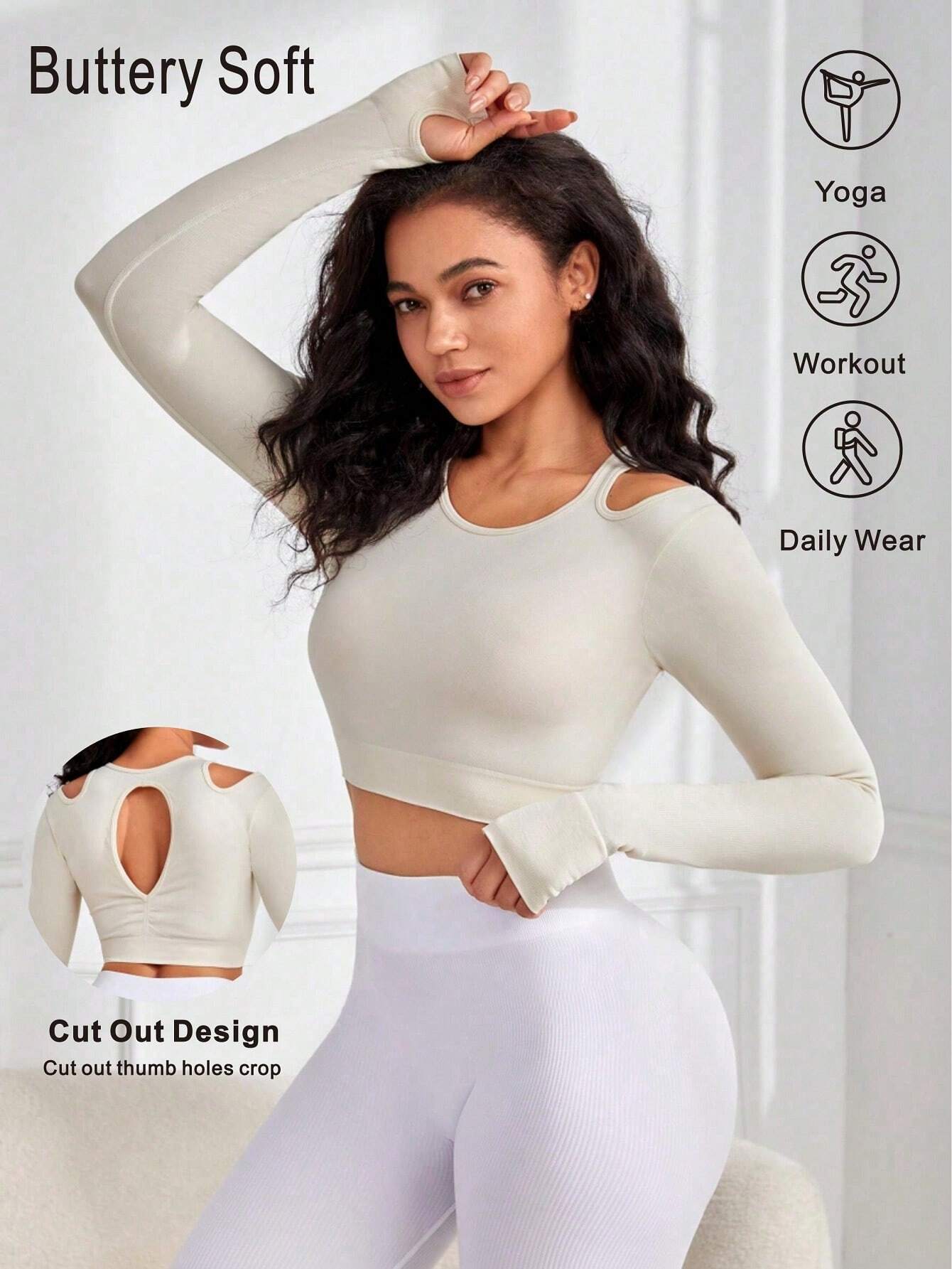 8244 1t-007 Camiseta deportiva crop con abertura agujeros para pulgares