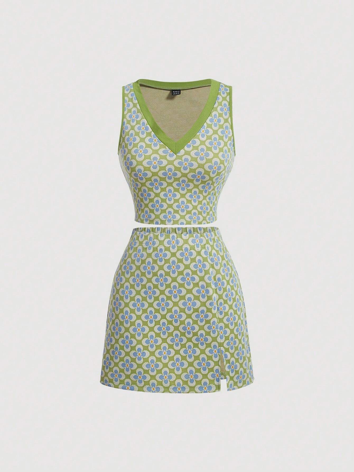 7125 a07-08 Set 2 piezas Top corto con estampado integral y falda con dobladillo dividido