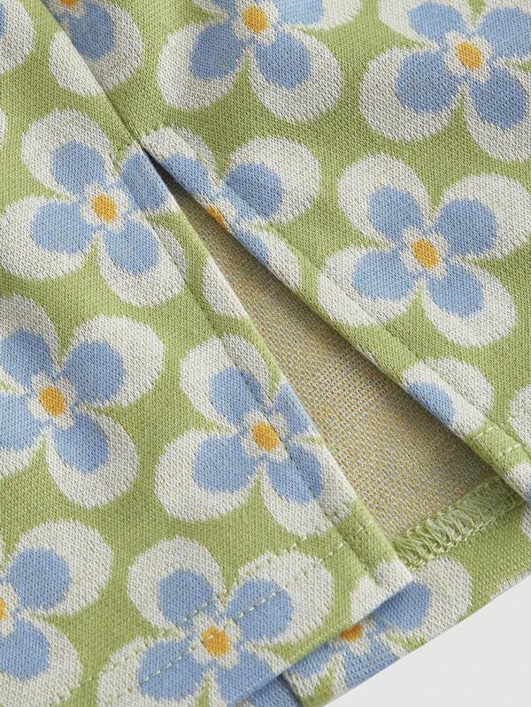 7125 a07-08 Set 2 piezas Top corto con estampado integral y falda con dobladillo dividido
