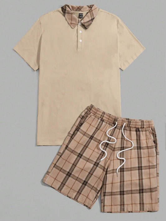 8151 a03-09 Camisa polo con estampado de cuadros & Shorts de cintura con cordón