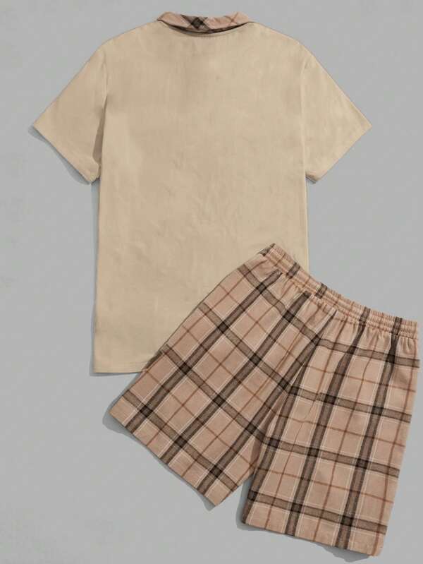 8151 a03-09 Camisa polo con estampado de cuadros & Shorts de cintura con cordón