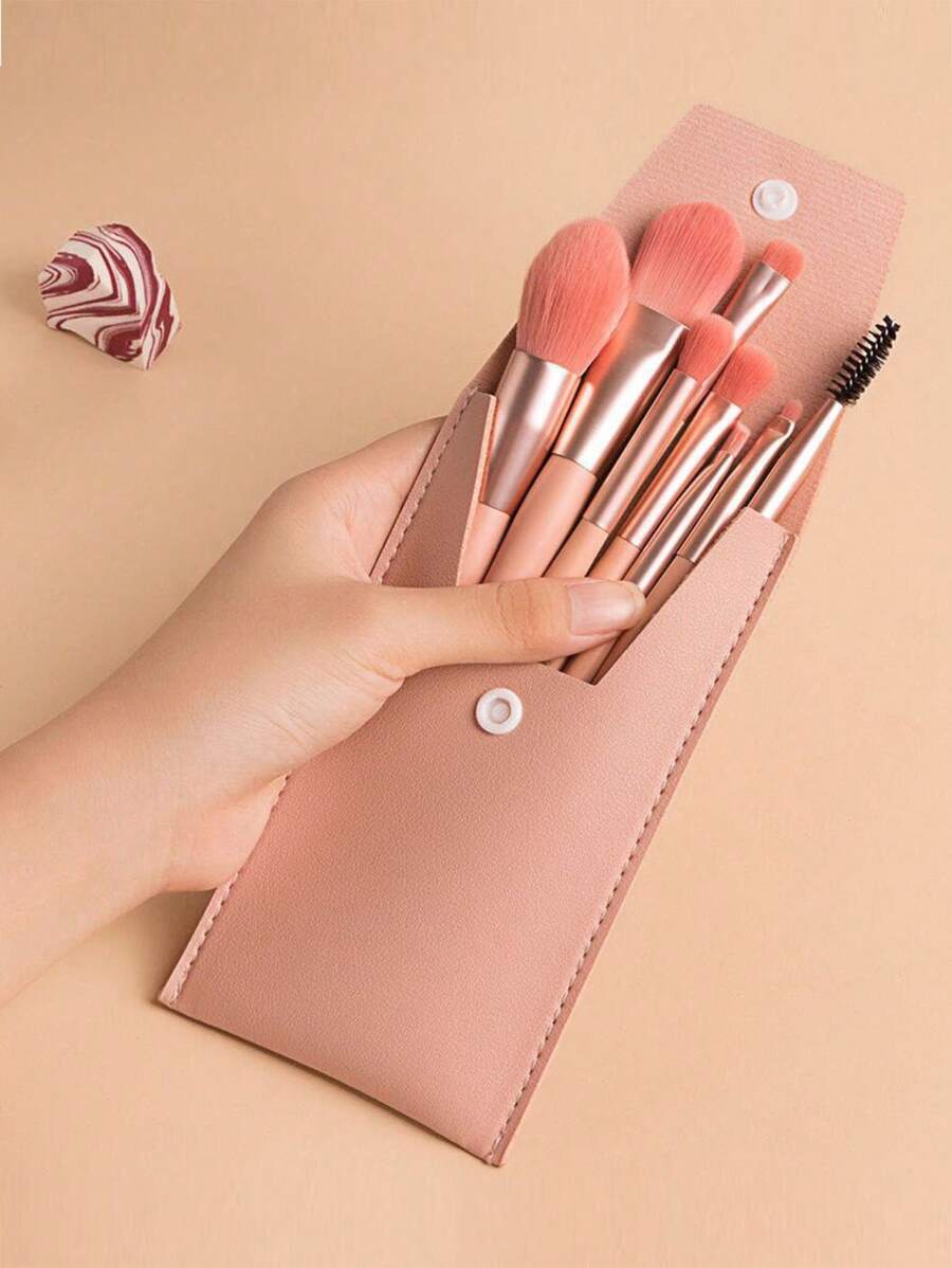 8576 1b-007 Ocho Piezas/set De Brochas De Maquillaje En Color Rosa Coral Con Bolsa Para Tarjetas