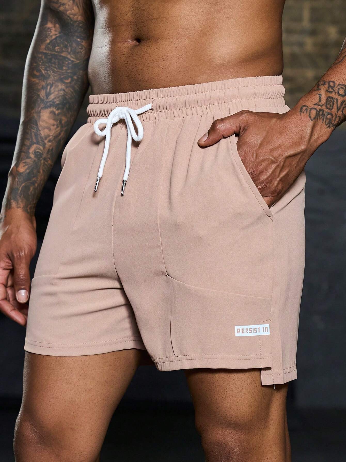 7983 a08-13 Shorts deportivos con estampado de letra de cintura con cordón