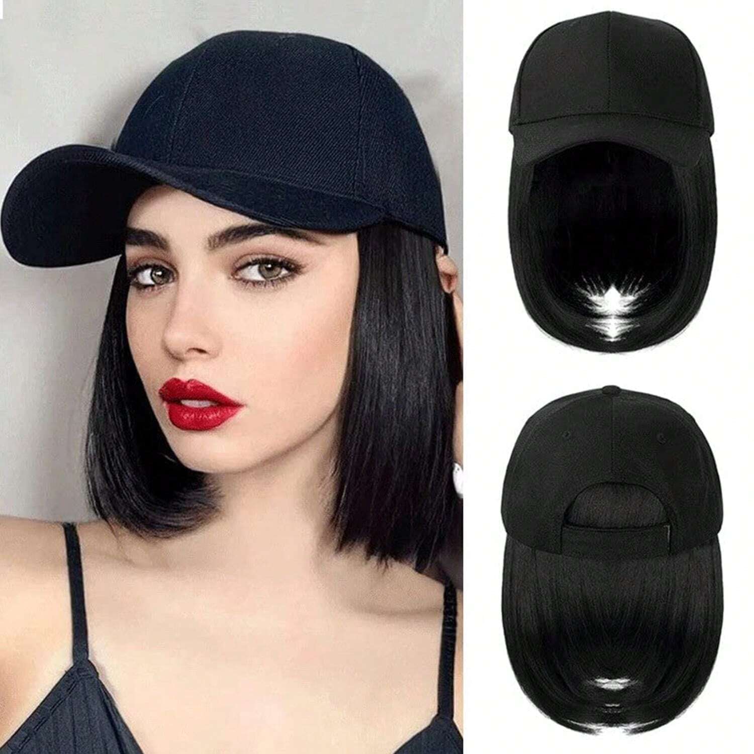 6294 1c-02-06 Pelucas Sintéticas De Béisbol Recta Corta En Estilo Bob Natural Negro Con Gorra De Peluca Con Cabello Integrado Y Ajustable