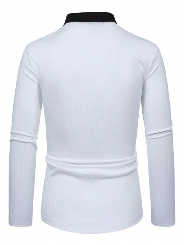 7804 1t-006 Camisa polo con estampado de letra de cuello en contraste con cremallera cuarta