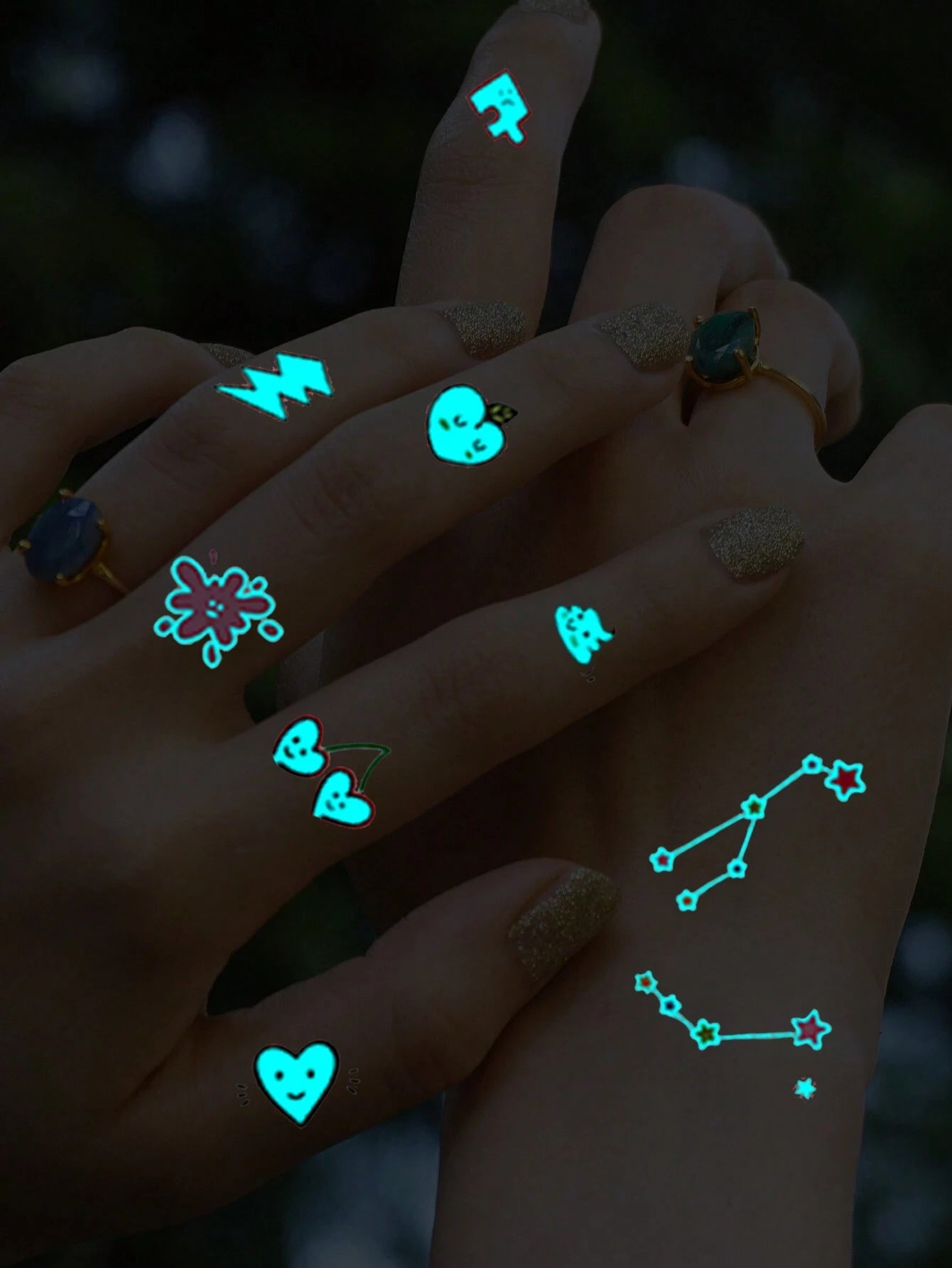 7892  a13-02 Línea Simple Corazón Y Patrón De Constelación Brillan En La Oscuridad Pegatinas De Tatuaje Temporal De Dedo