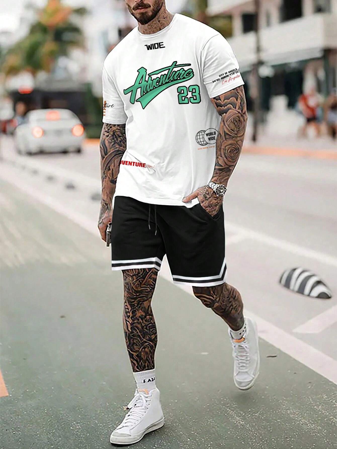 7732 a03-09 Manfinity Sporsity Hombres con estampado de letra Camiseta & de cintura con cordón Shorts