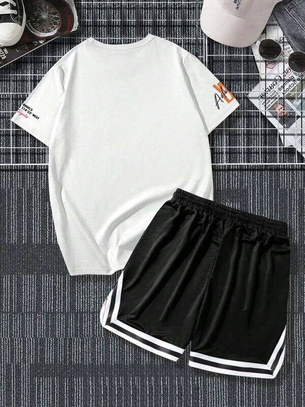 7732 a03-09 Manfinity Sporsity Hombres con estampado de letra Camiseta & de cintura con cordón Shorts