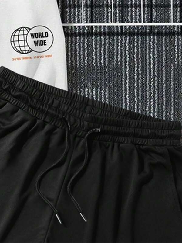 7732 a03-09 Manfinity Sporsity Hombres con estampado de letra Camiseta & de cintura con cordón Shorts