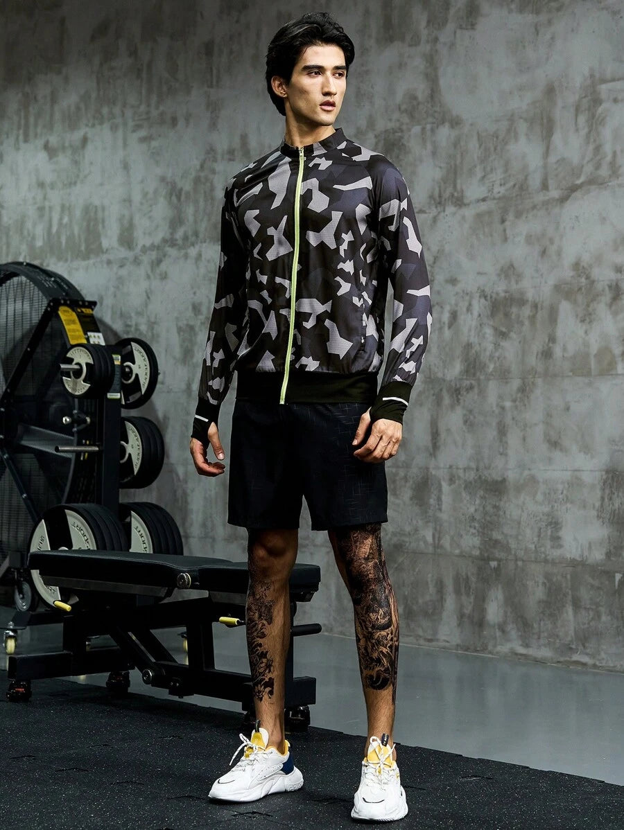 8248 1t-006 Cazaca deportiva con estampado de manga raglán con cremallera
