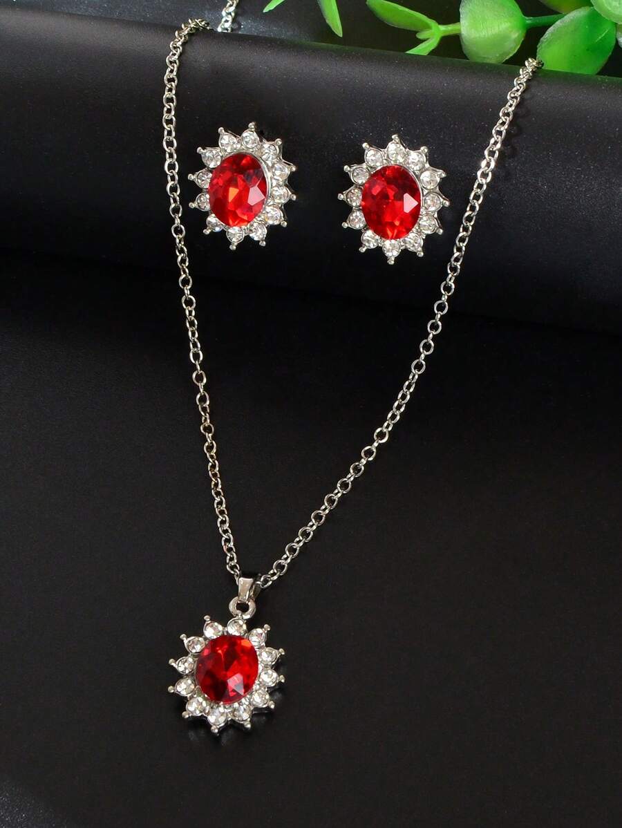 11124 B03-02 2 Piezas Elegante Collar De Colgante Con Flor De Cristal Rojo Y Pendientes