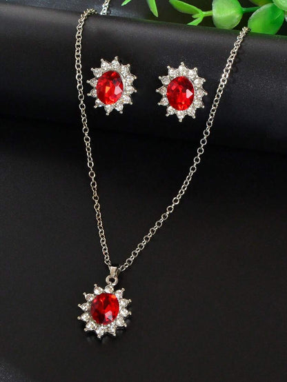 11124 1b-03-02 2 Piezas Elegante Collar De Colgante Con Flor De Cristal Rojo Y Pendientes