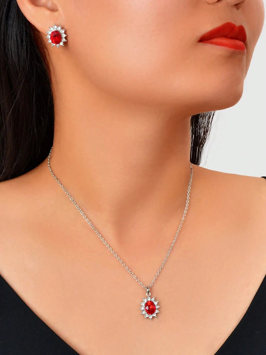 11124 B03-02 2 Piezas Elegante Collar De Colgante Con Flor De Cristal Rojo Y Pendientes