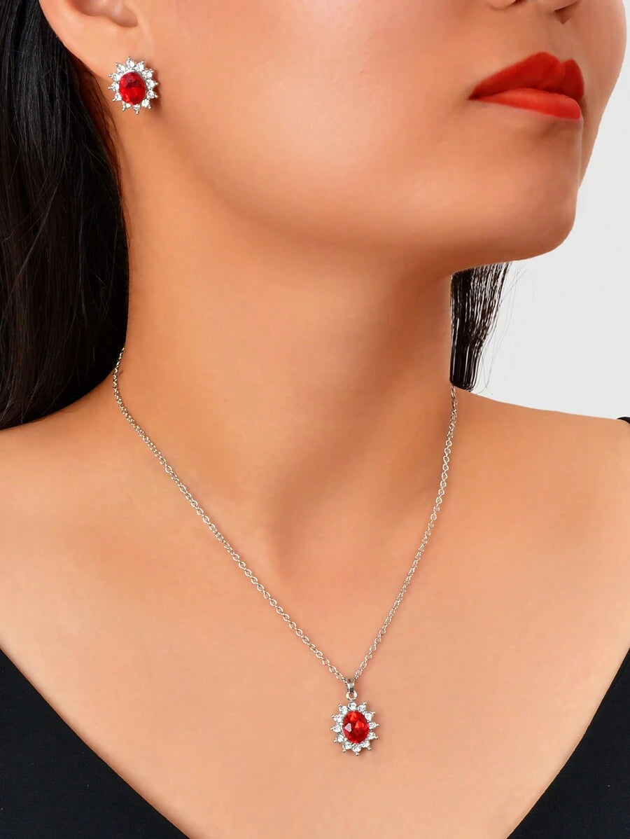 11124 1b-03-02 2 Piezas Elegante Collar De Colgante Con Flor De Cristal Rojo Y Pendientes