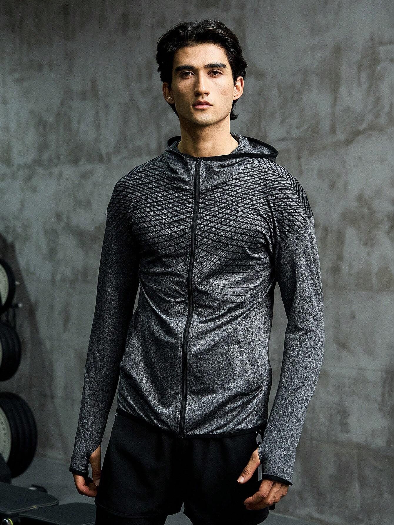 8245 1t-006 Cazaca deportiva con estampado geométrico cremallera con capucha