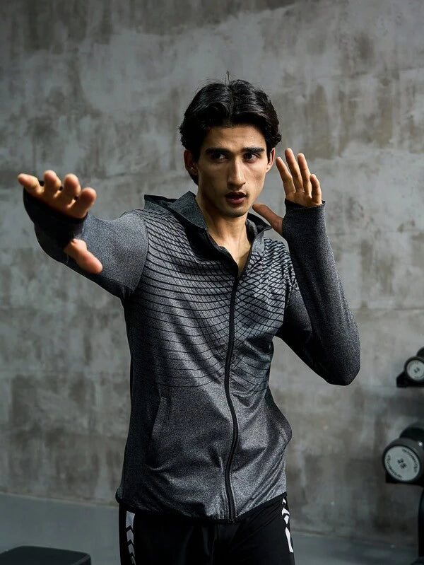 8245 1t-006 Cazaca deportiva con estampado geométrico cremallera con capucha