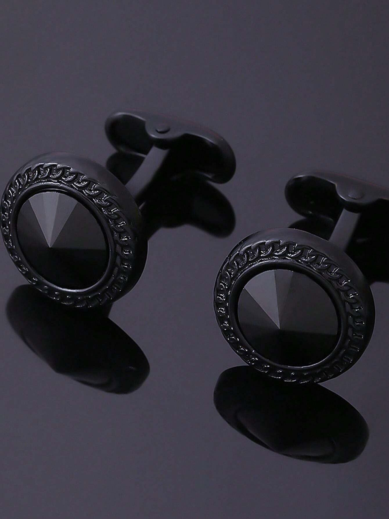 11080 1b-072 2 Piezas Gemelos De Moda Para Hombre En Forma Redonda Negra Con Cristal Azul