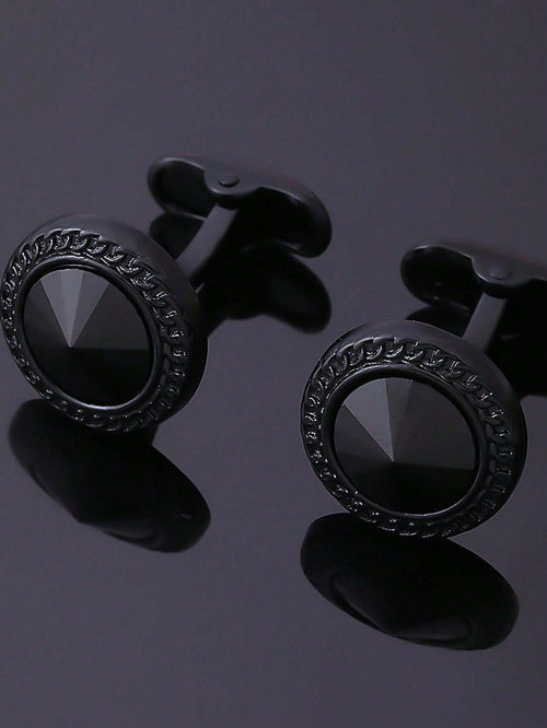 11080 1b-072 2 Piezas Gemelos De Moda Para Hombre En Forma Redonda Negra Con Cristal Azul