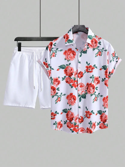 11056 A05-03 Manfinity Homme Conjunto De Camisa De Hombre De Estampado De Flores Y Pantalones Cortos De Cintura Con Cordón