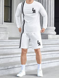7729 1t-009 Manfinity Sporsity de hombres 2 piezas tejido con letra con con patrón de rayas casual manga larga Camisa con Shorts