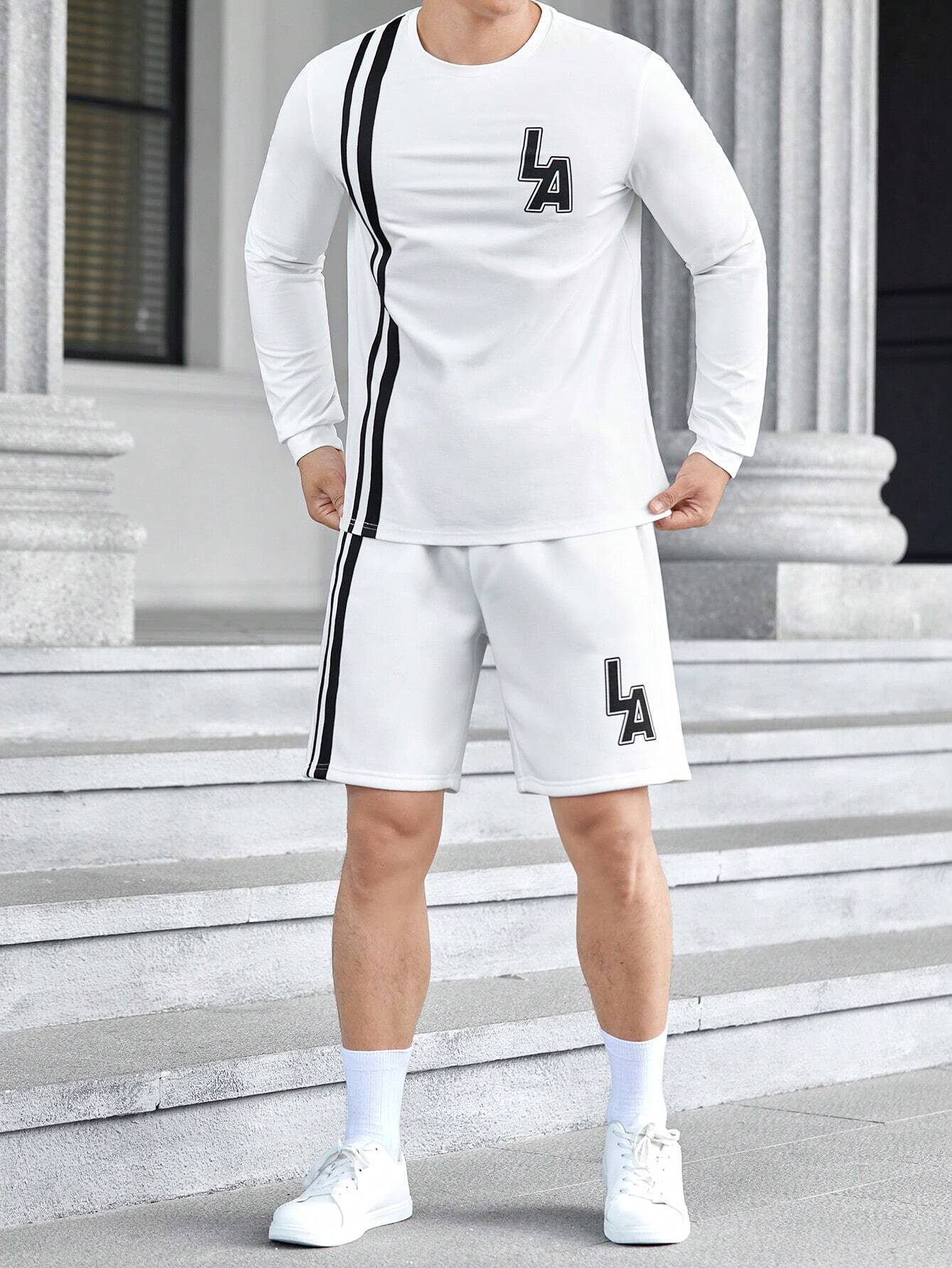 7729 1t-009 Manfinity Sporsity de hombres 2 piezas tejido con letra con con patrón de rayas casual manga larga Camisa con Shorts