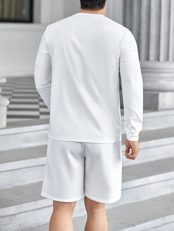 7729 1t-009 Manfinity Sporsity de hombres 2 piezas tejido con letra con con patrón de rayas casual manga larga Camisa con Shorts
