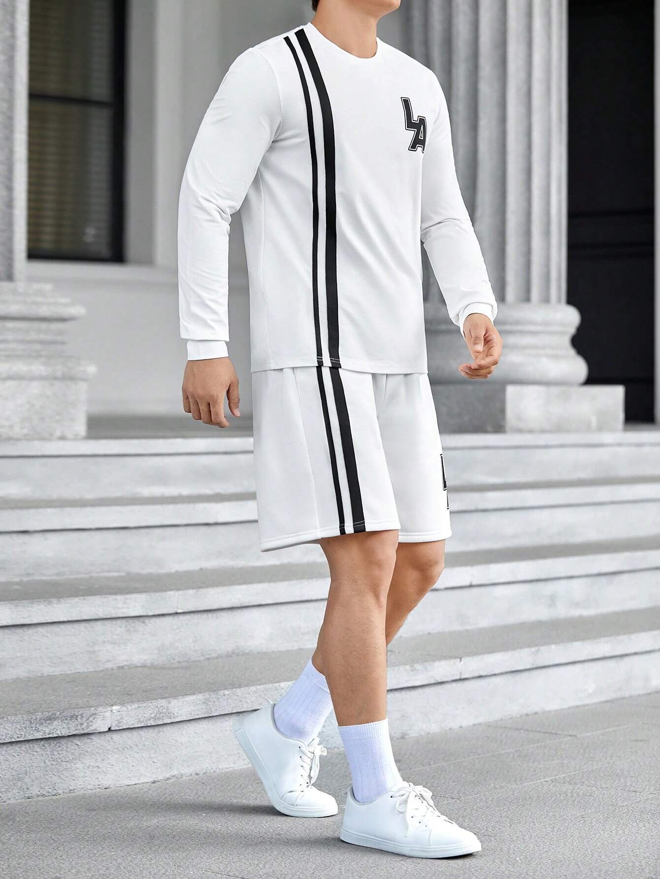 7729 1t-009 Manfinity Sporsity de hombres 2 piezas tejido con letra con con patrón de rayas casual manga larga Camisa con Shorts