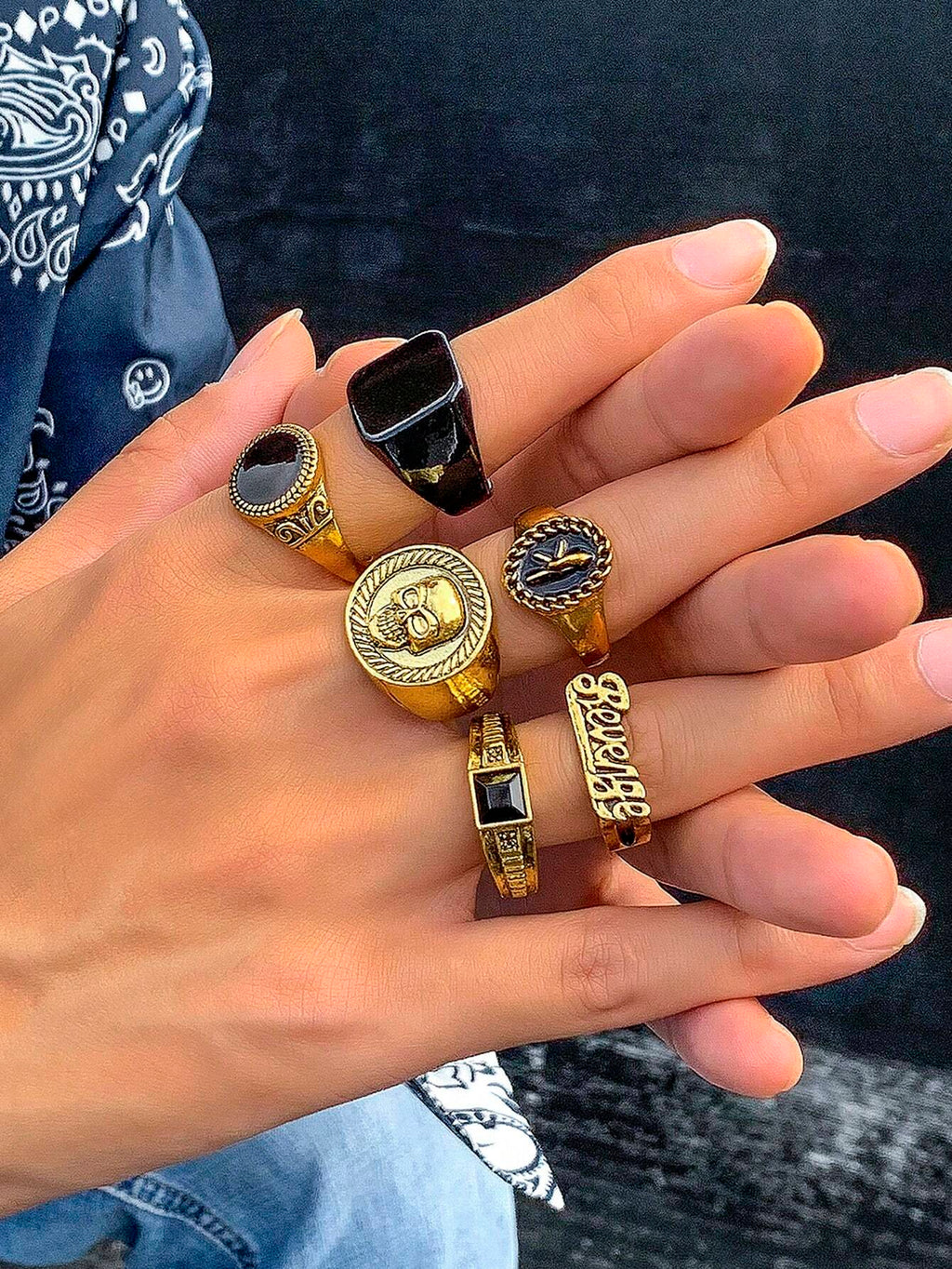 10318 1b-057 Set Seis Piezas De Anillos De Diseño De Cráneo Y Letra Con Estilo De Moda