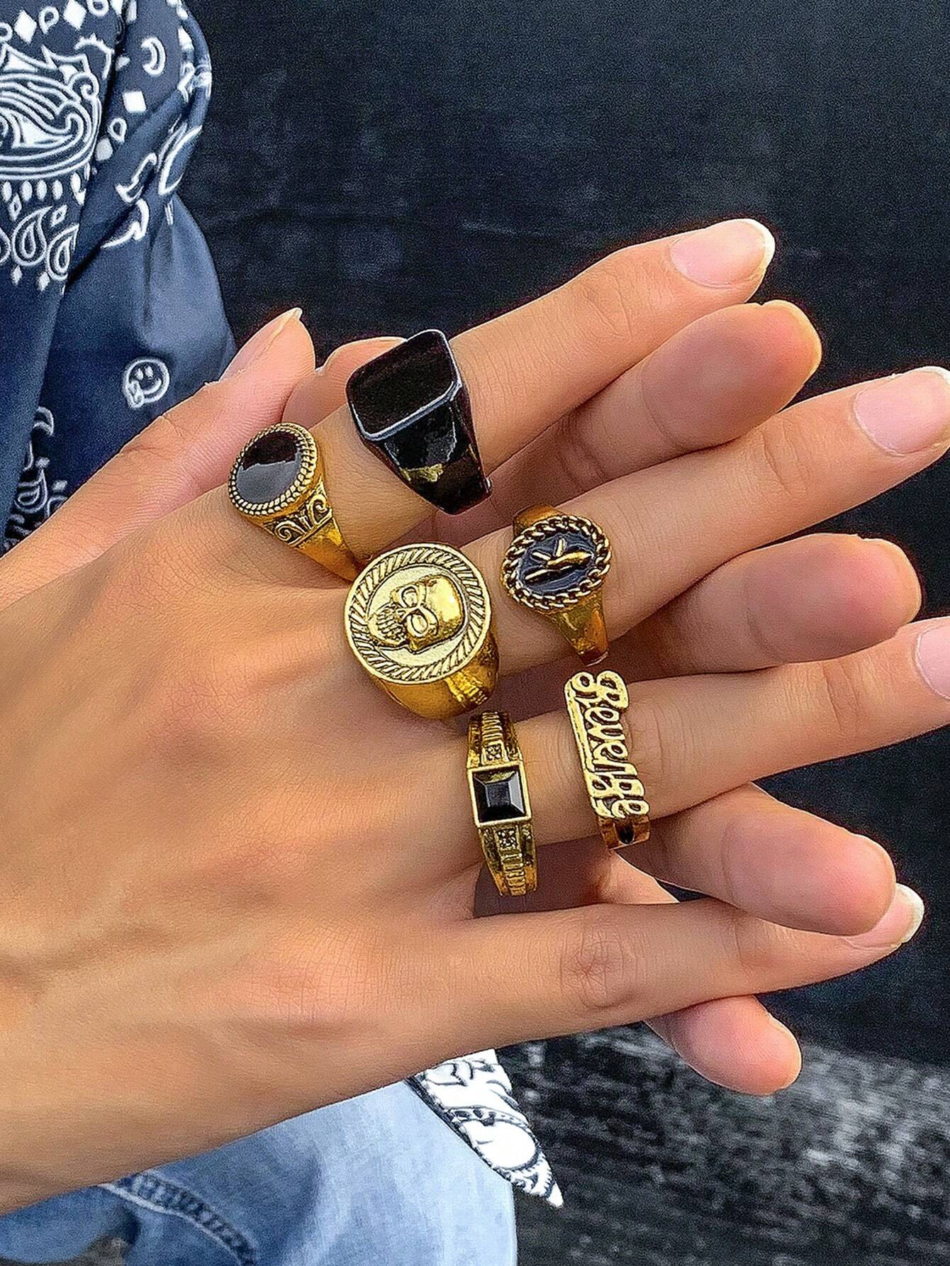 10318 1b-057 Set Seis Piezas De Anillos De Diseño De Cráneo Y Letra Con Estilo De Moda