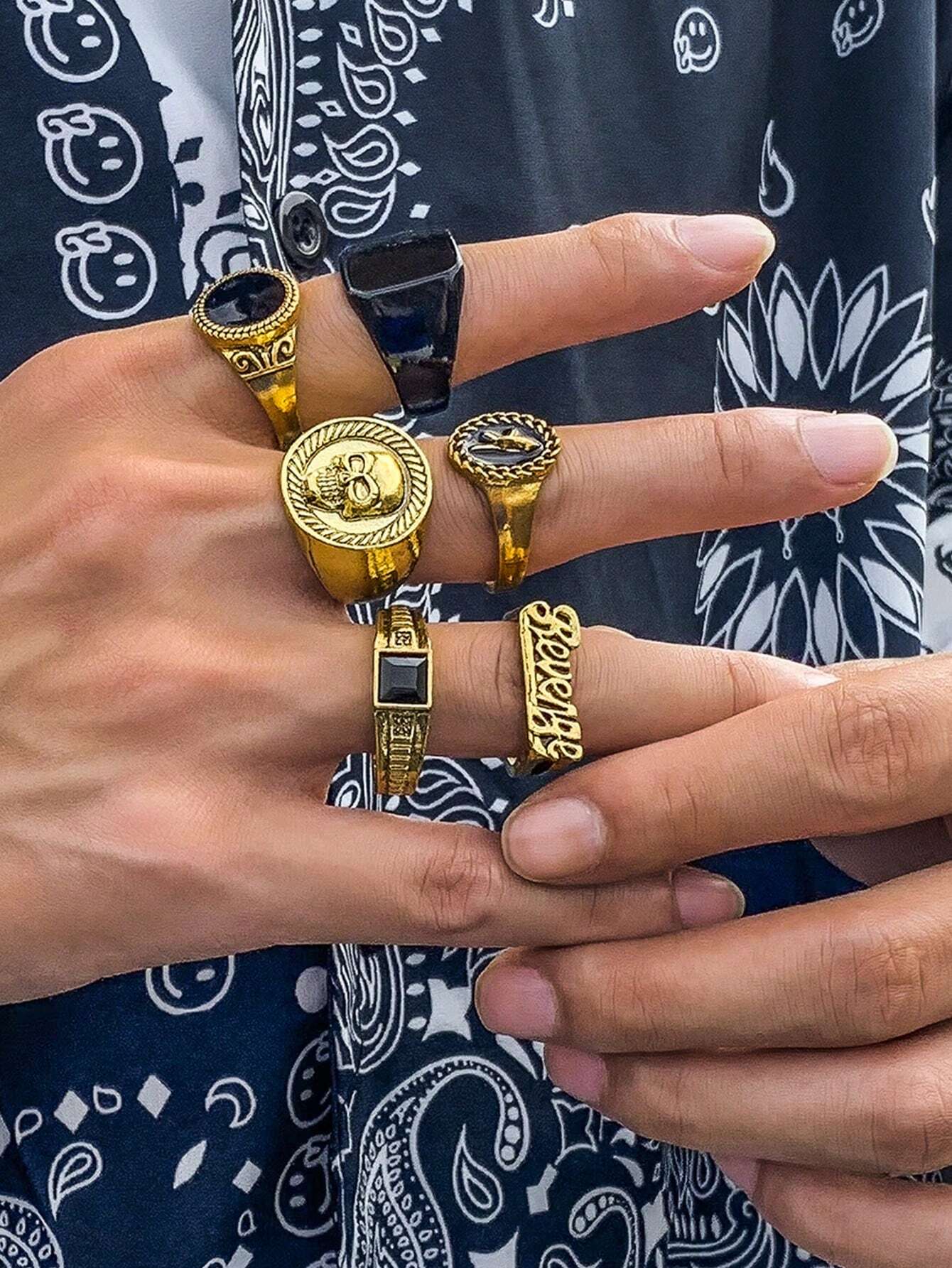 10318 1b-057 Set Seis Piezas De Anillos De Diseño De Cráneo Y Letra Con Estilo De Moda