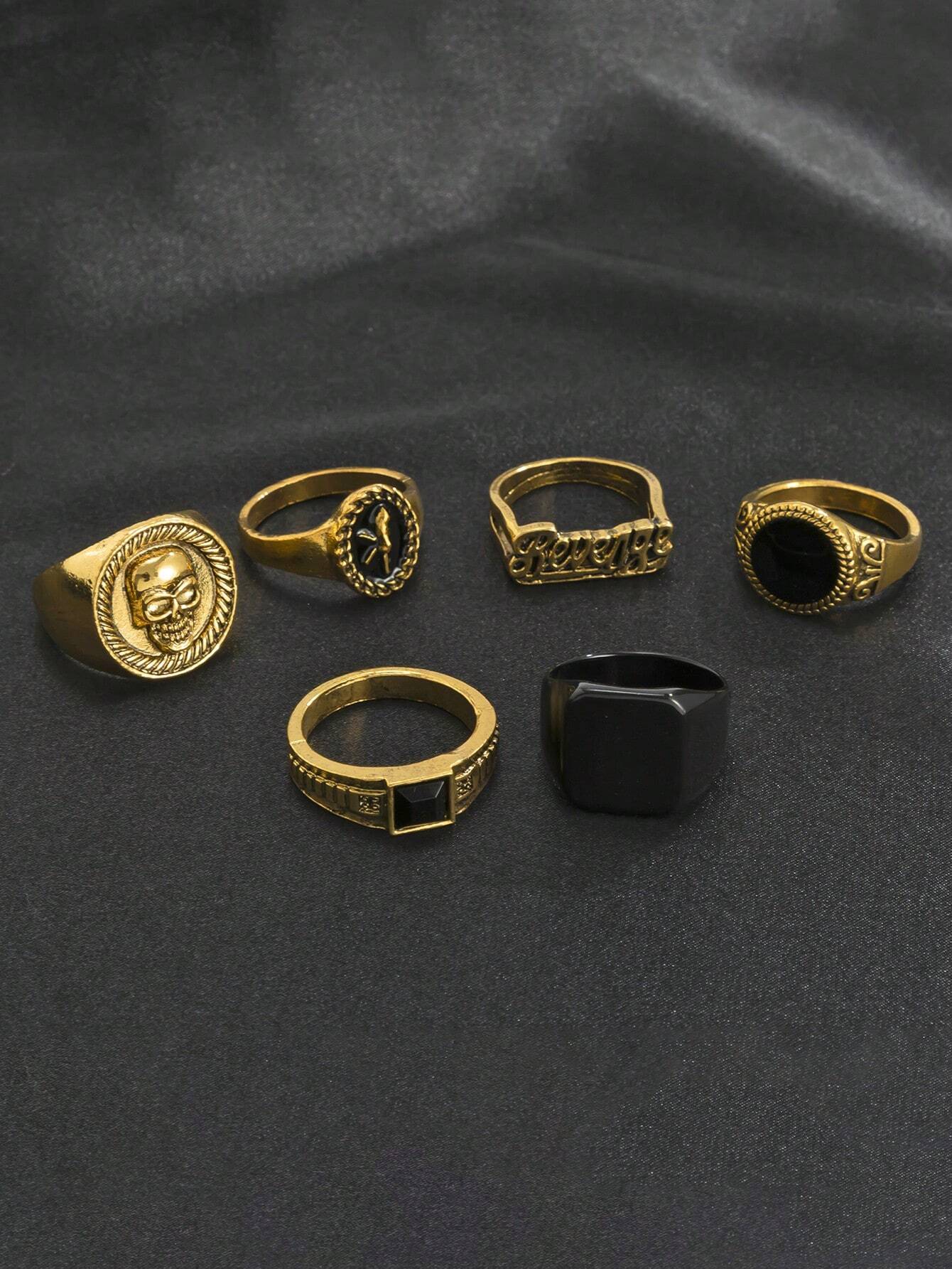 10318 1b-057 Set Seis Piezas De Anillos De Diseño De Cráneo Y Letra Con Estilo De Moda