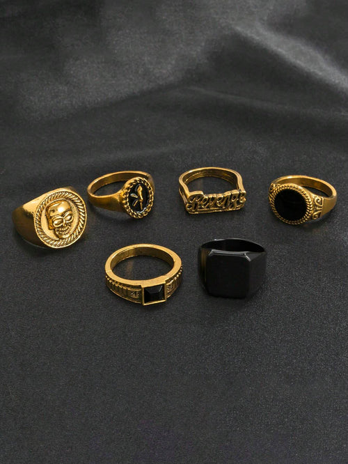 10318 1b-057 Set Seis Piezas De Anillos De Diseño De Cráneo Y Letra Con Estilo De Moda