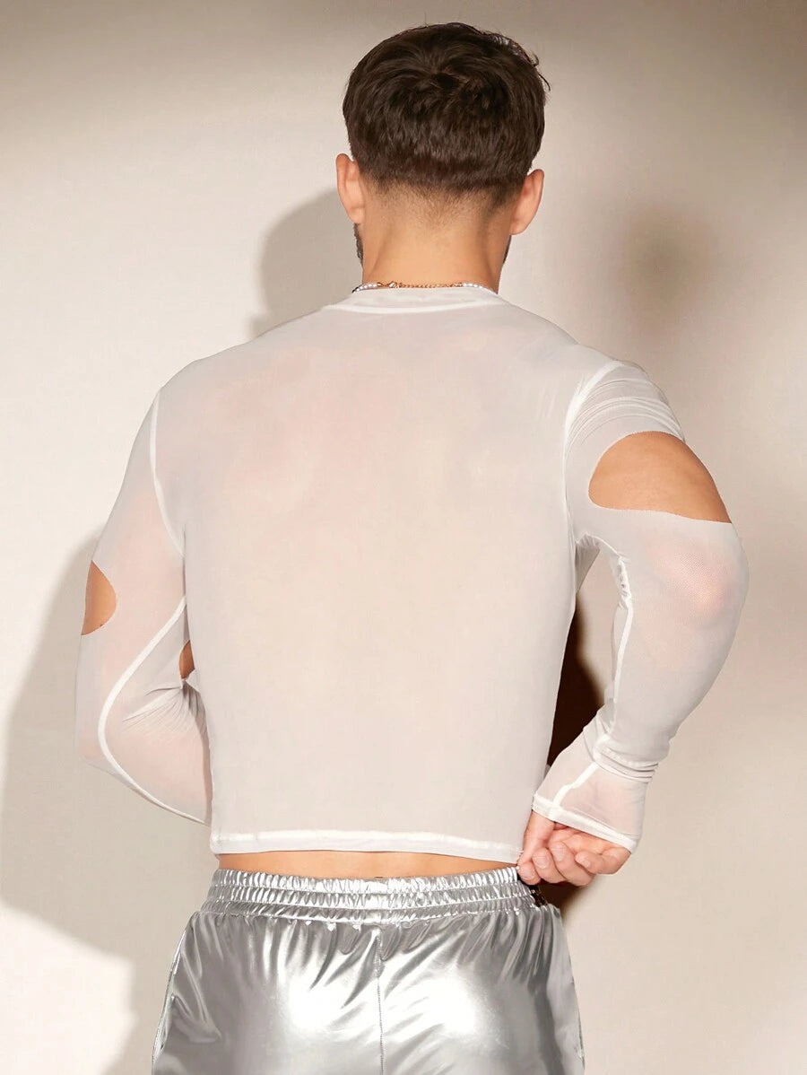 9000 1t-396 Camiseta unicolor de malla transparente con mangas de brazo