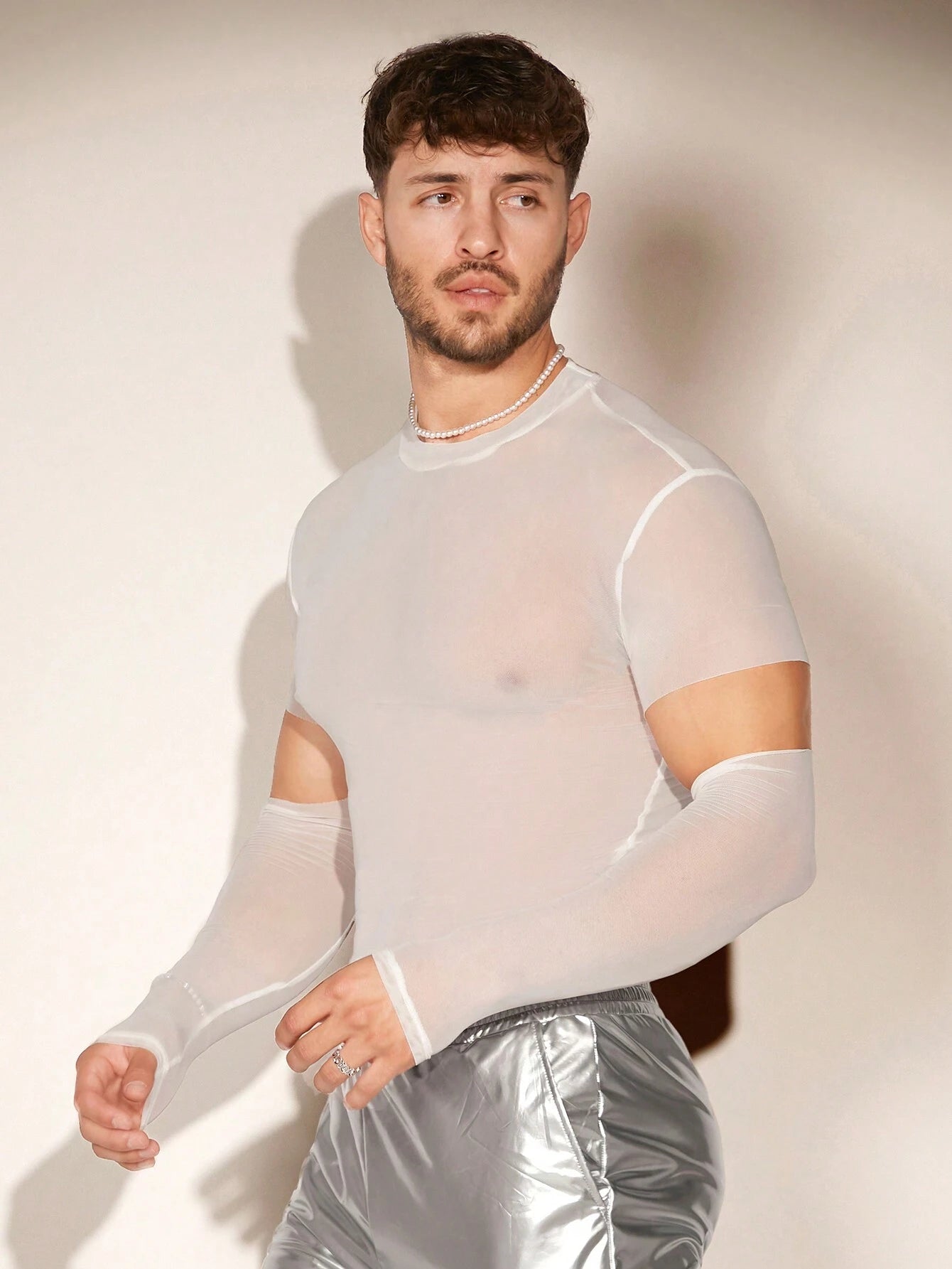 9000 1t-396 Camiseta unicolor de malla transparente con mangas de brazo