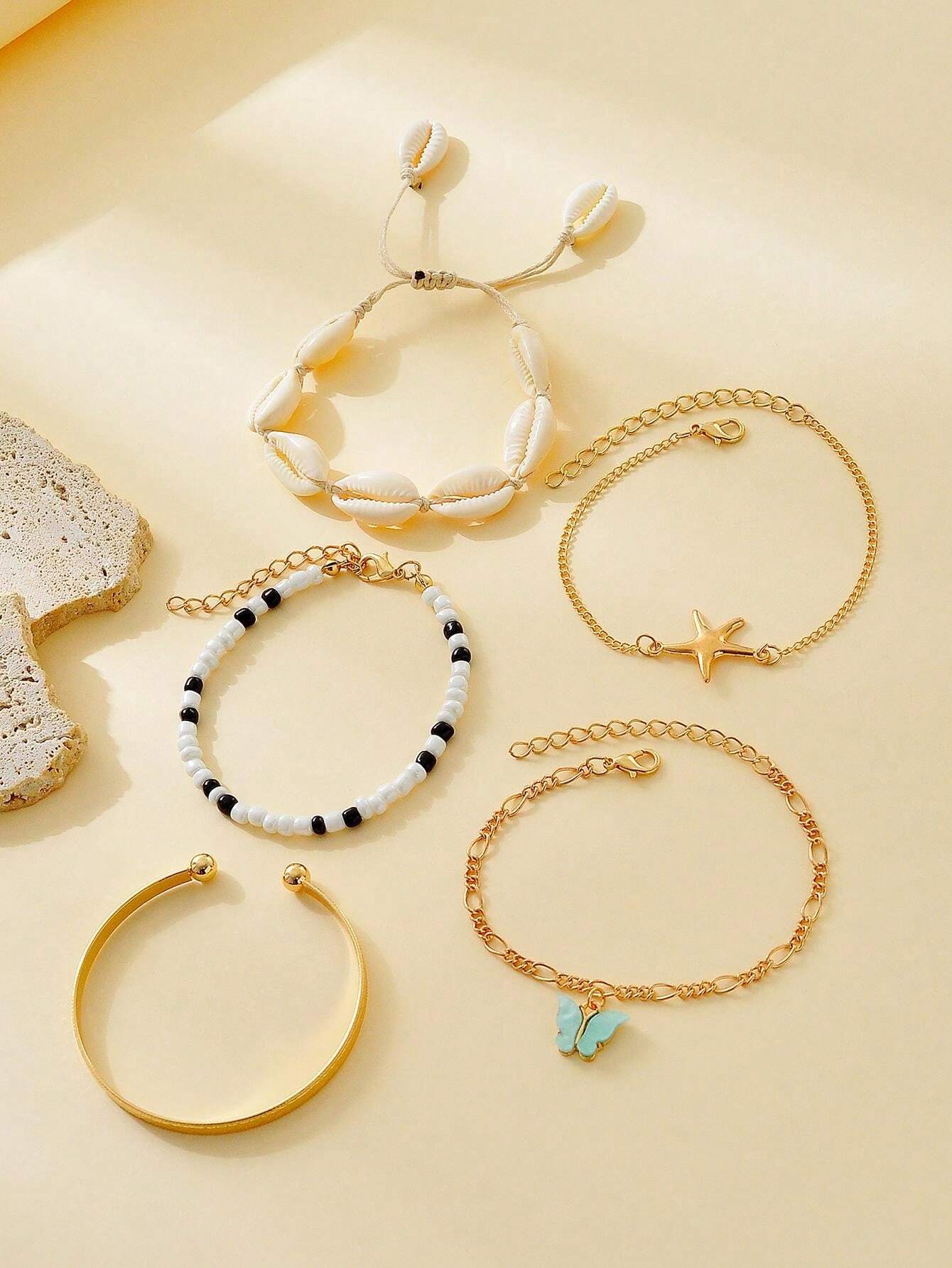 10914 b01-15 Set De 5 Pulseras De Cuentas Con Detalles Metálicos Dorados