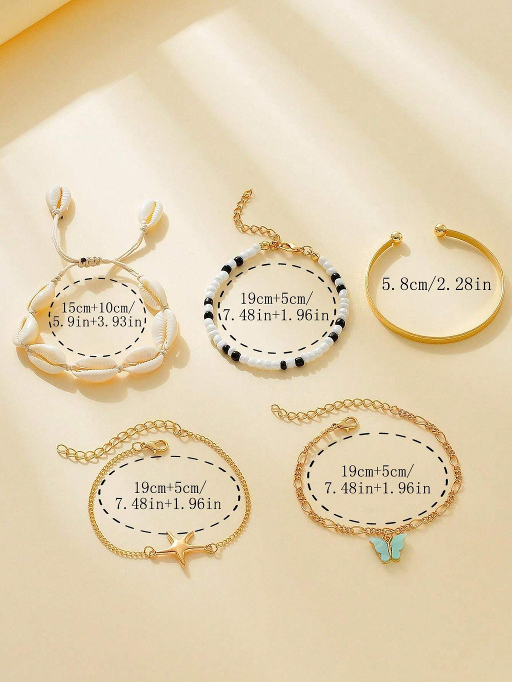 10914 b01-15 Set De 5 Pulseras De Cuentas Con Detalles Metálicos Dorados