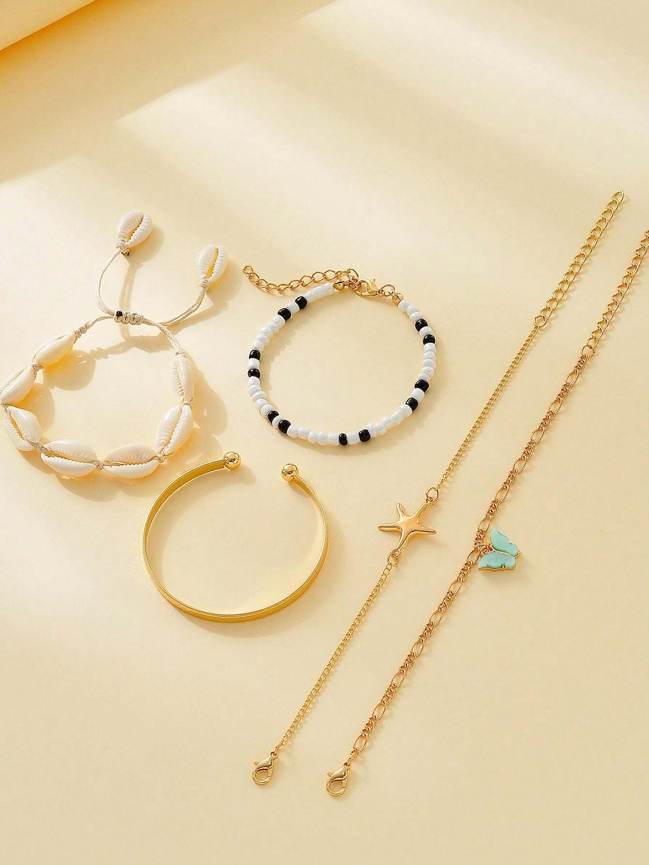 10914 b01-15 Set De 5 Pulseras De Cuentas Con Detalles Metálicos Dorados