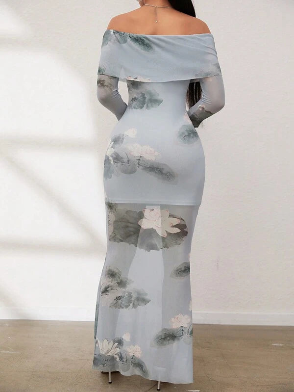 7784 1a-096 Vestido doblado de hombros descubiertos de manga con volante bajo sirena floral de malla