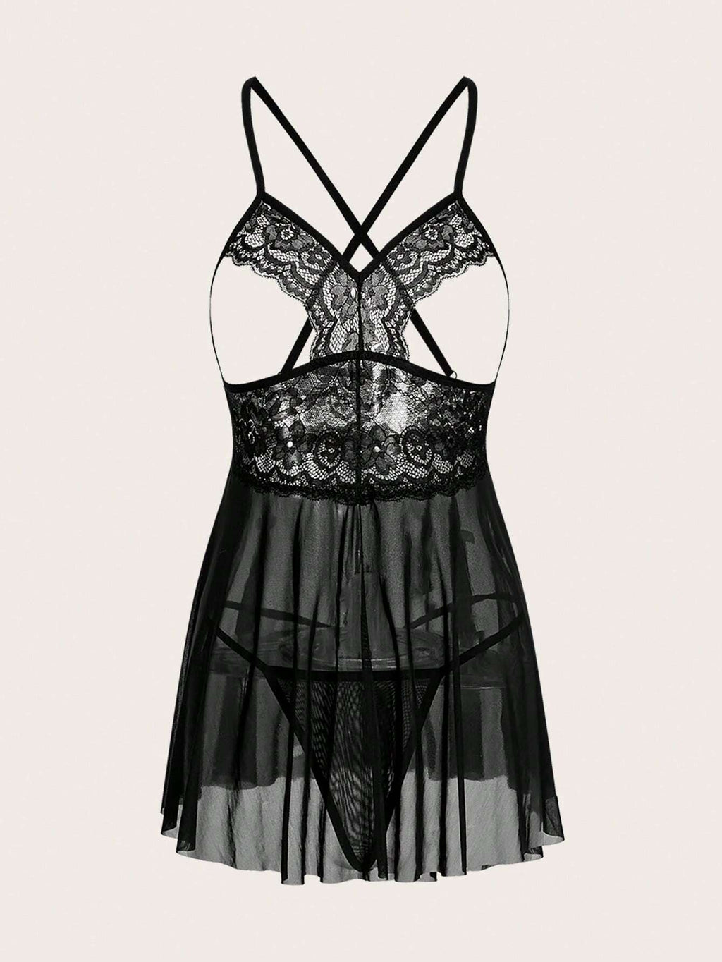 8984 ID-015 Vestido De Lencería Sexy De Encaje Y Malla Con Tanga Para Mujer