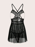 8984 ID-015 Vestido De Lencería Sexy De Encaje Y Malla Con Tanga Para Mujer