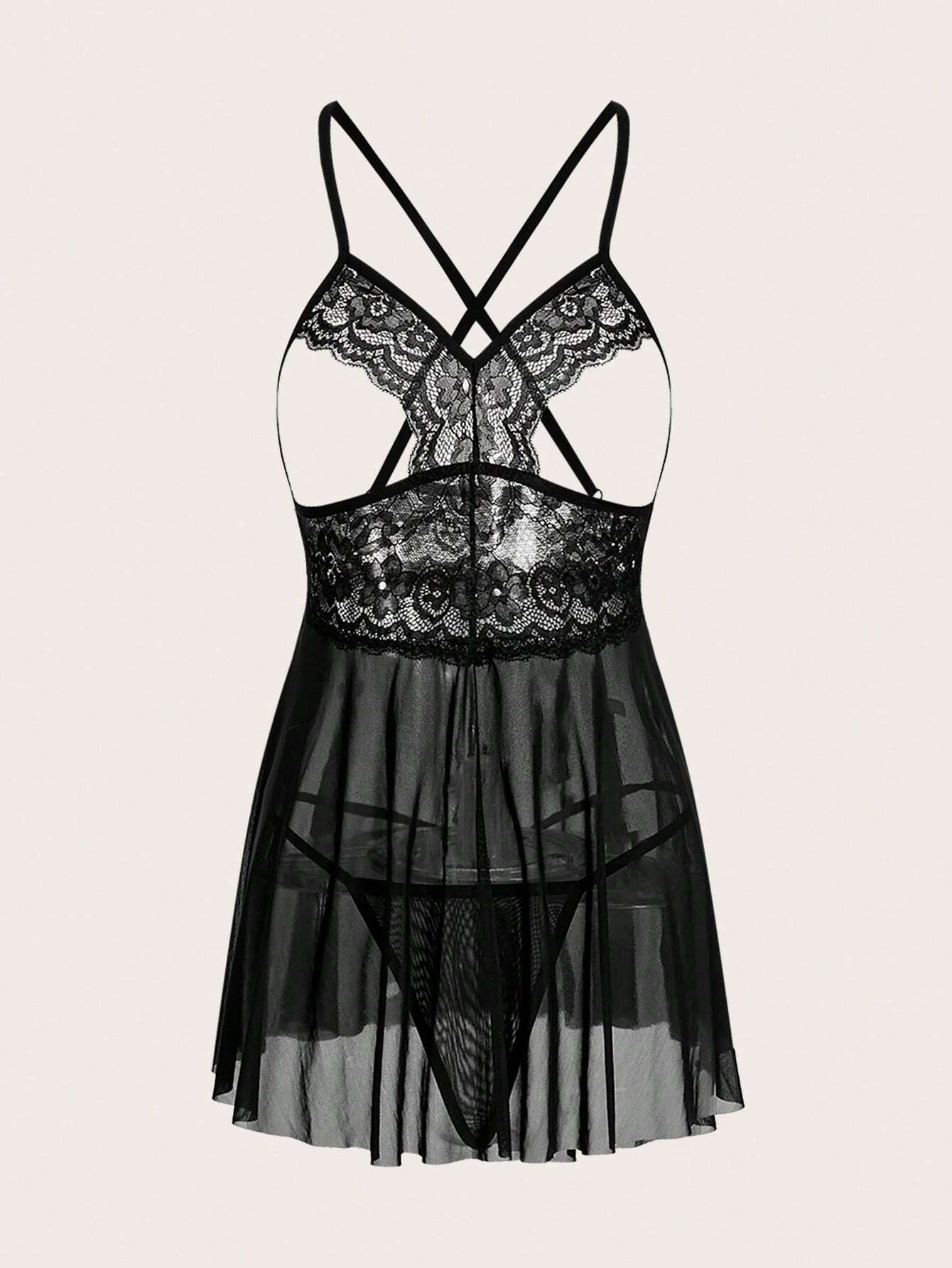 8984 ID-015 Vestido De Lencería Sexy De Encaje Y Malla Con Tanga Para Mujer