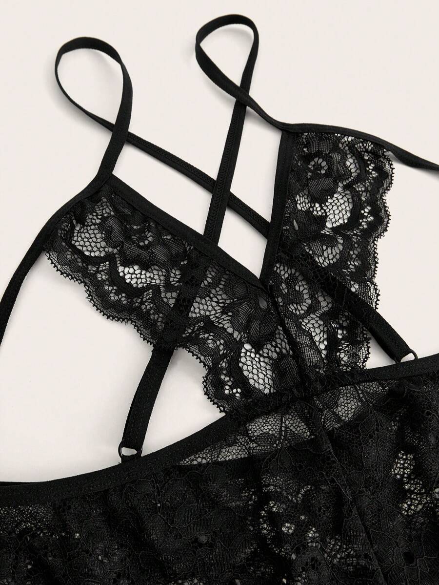 8984 ID-015 Vestido De Lencería Sexy De Encaje Y Malla Con Tanga Para Mujer