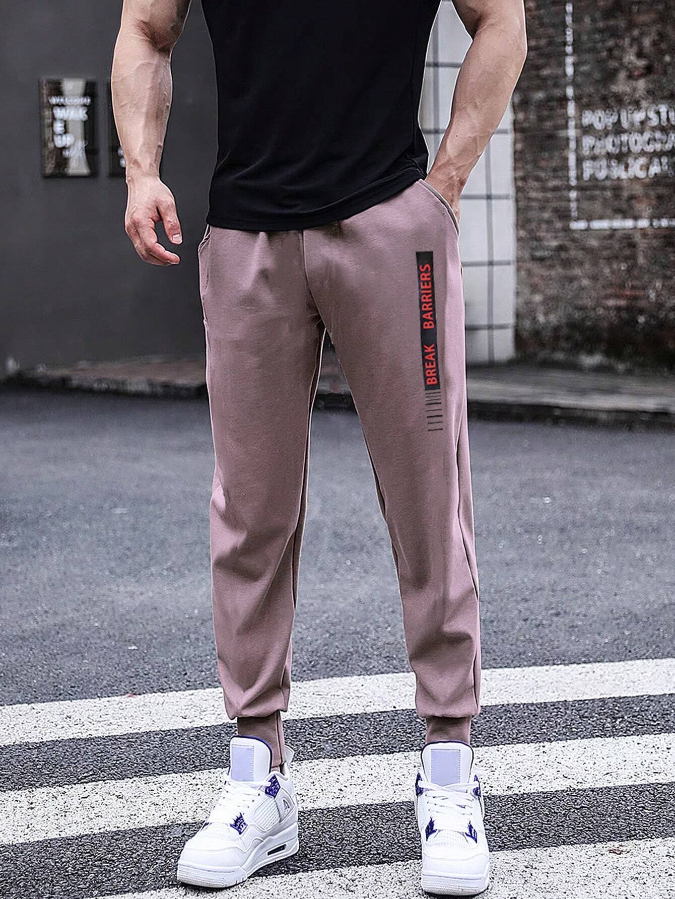 7857 1t-209 Pantalones deportivos con estampado de letra de cintura con cordón