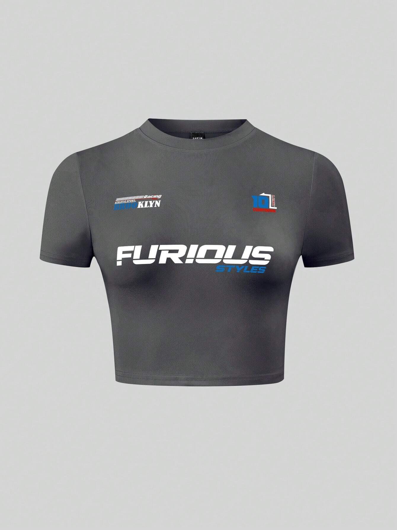 8174 1t-007 Camiseta De Manga Corta Con Letras Impresas Para Mujeres