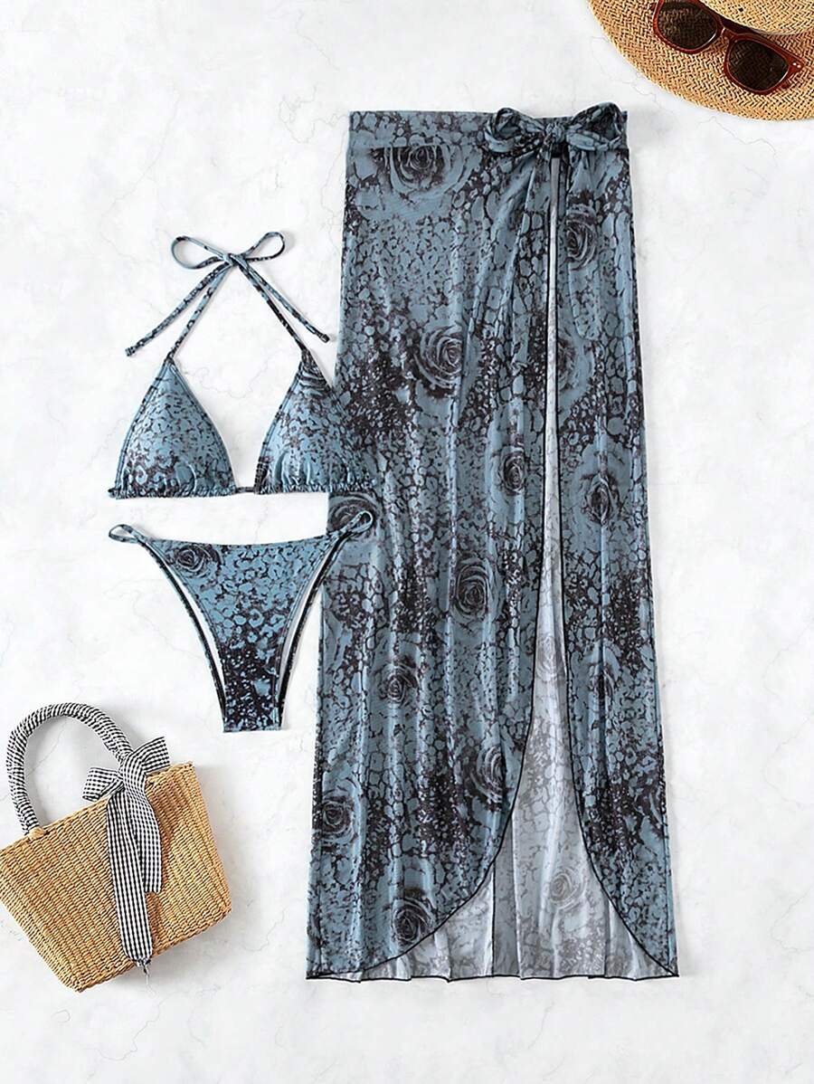 8312 1t-010 Traje De Baño De Bikini De Triángulo Informal Con Diseño Impreso En Toda Área Con Falda De Playa