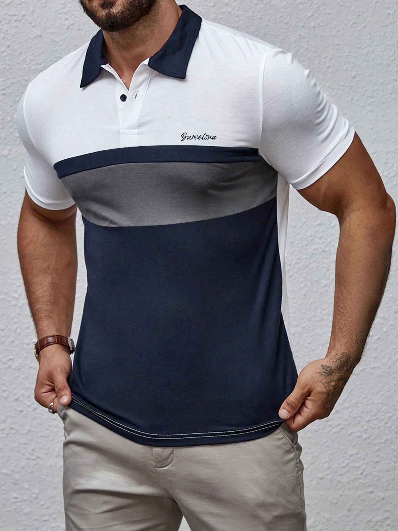 8485 1a-067 Camisa De Polo Para Hombre Con Bloques De Color Y Estampado De Letras