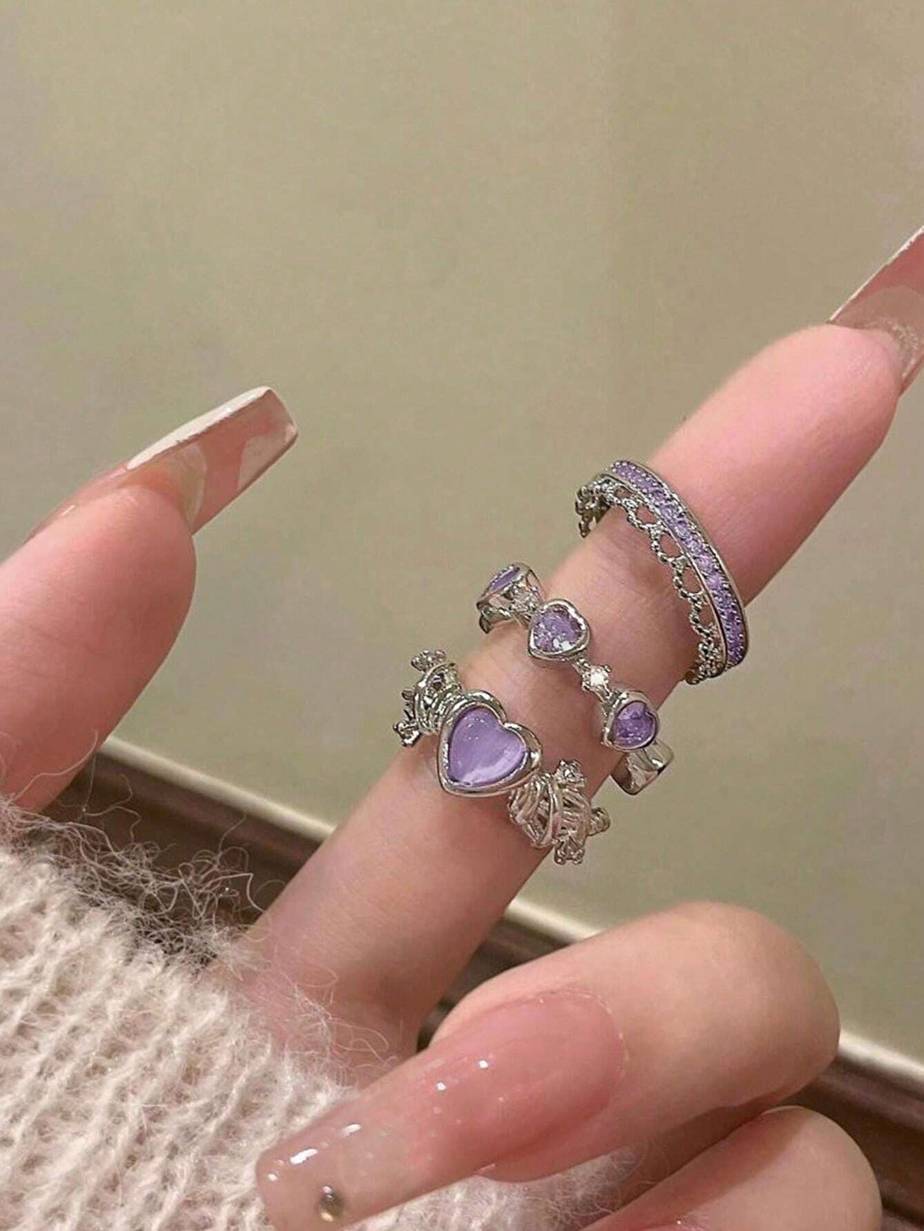 7372 b03-13 Tres Piezas Anillo Abierto De Moda Con Diseño De Corazón Y Diamantes De Imitación Para Uso Diario De Mujeres