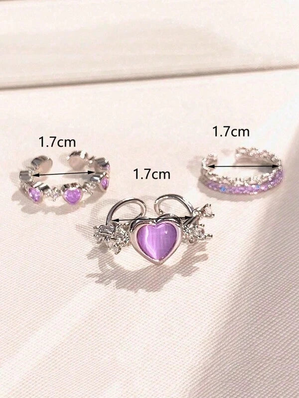 7372 b03-13 Tres Piezas Anillo Abierto De Moda Con Diseño De Corazón Y Diamantes De Imitación Para Uso Diario De Mujeres