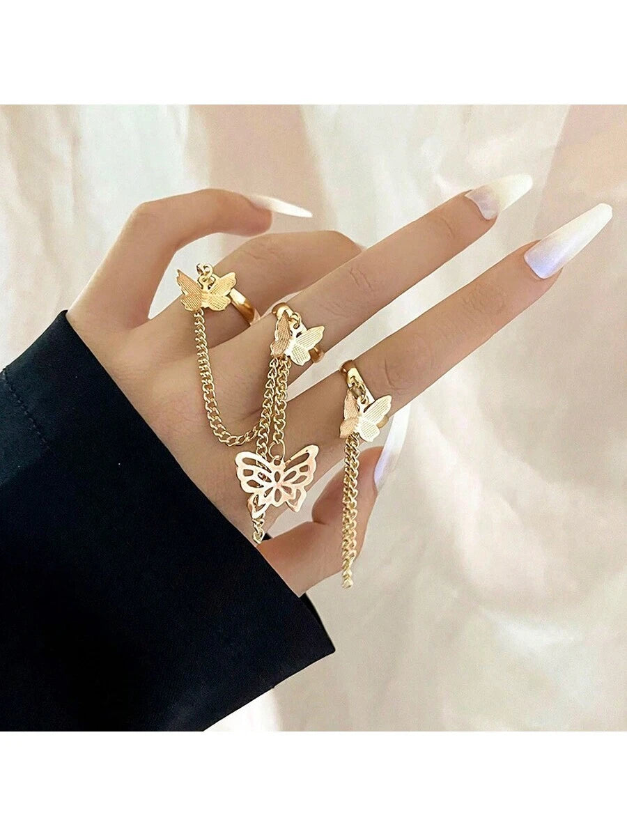 7491 1b-030 Un Set Anillos Combinados De Mariposa Y Cadena Enlazada