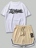7716 a08-04 Conjunto De Camiseta Estampada Con Letras Y Pantalones Cortos Con Cintura Ajustable Para Hombre (2 Piezas)